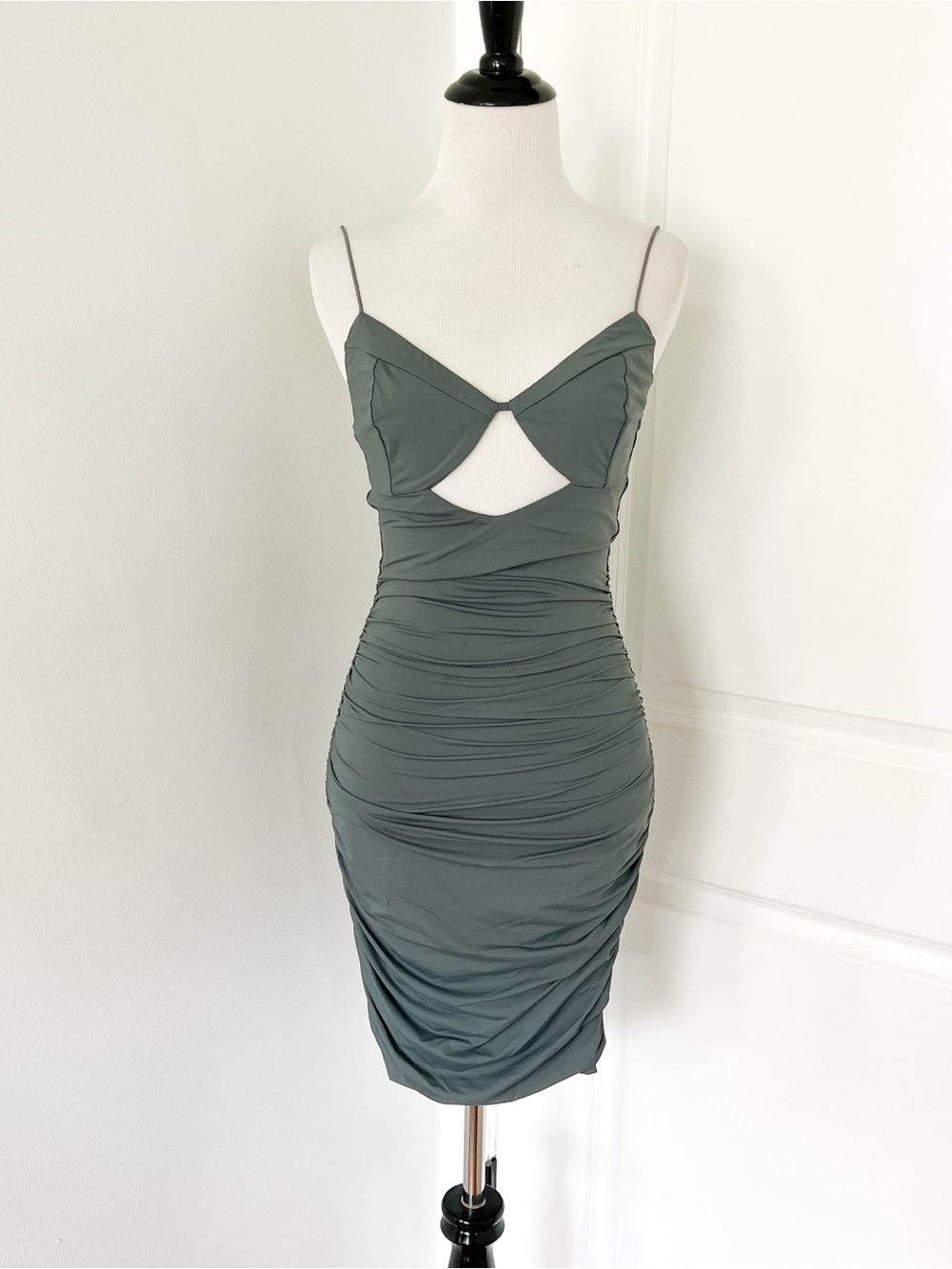 Tiger Mist Olive Green Cutout Ruched Mini Dress - Medium